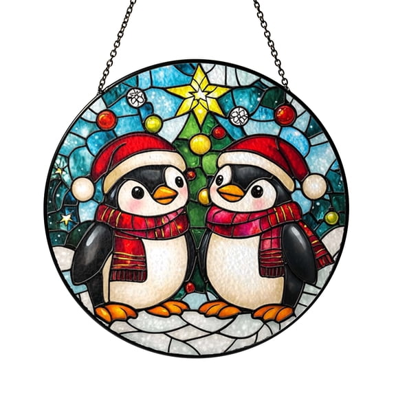 Cute Penguin Couple Stained Glass Style Suncatcher Window Decor, Decorative Penguin Pair Glass Style Hanging Panel for Romantic Window Ornament Gift Idea for Couples