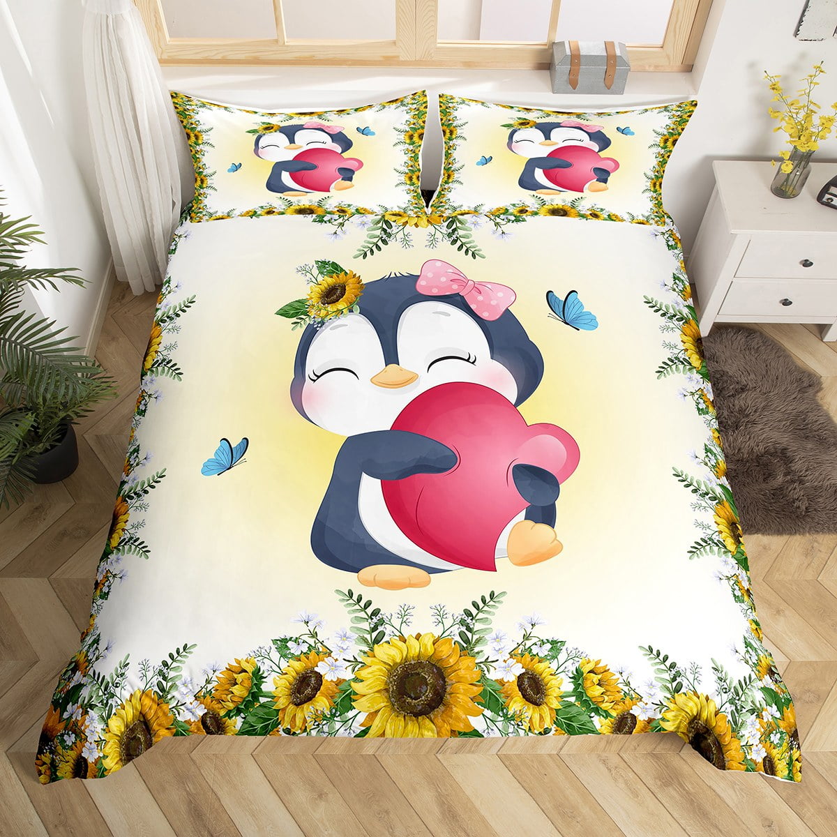 Penguin Twin Duvet Cover Set - Winter Snow Animal Bedding With 1 Pillowcase, Grey