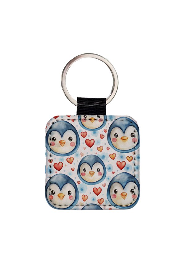 Cute Penguin Faces Hearts Watercolor Faux Leather Square Keychain