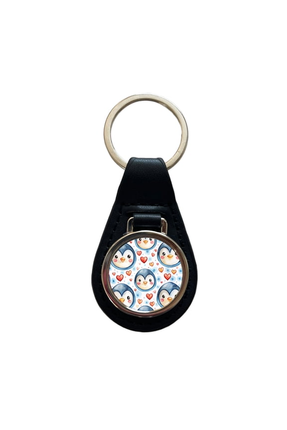 Cute Penguin Faces Hearts Watercolor Metal Black Leather Keychain