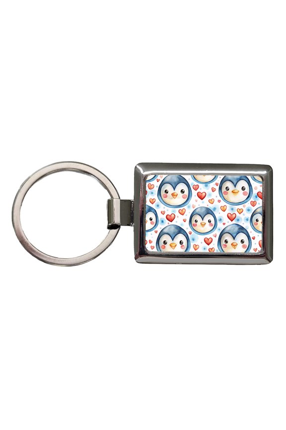 Cute Penguin Faces Hearts Watercolor Metal Rectangle Keychain