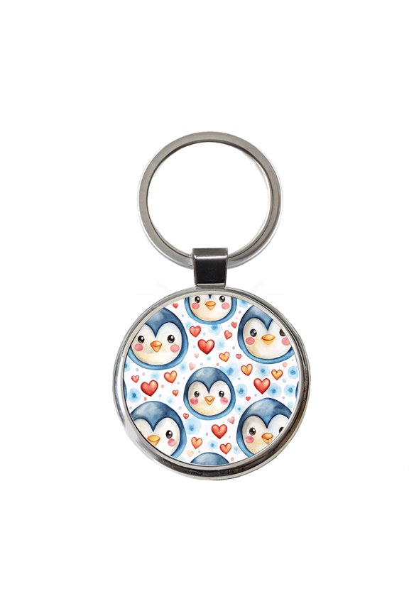 Cute Penguin Faces Hearts Watercolor Metal Round Keychain