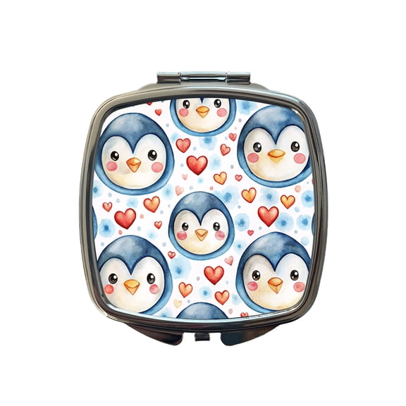 Cute Penguin Faces Hearts Watercolor Travel Makeup Handbag Purse Small Pocket Compact Mirror