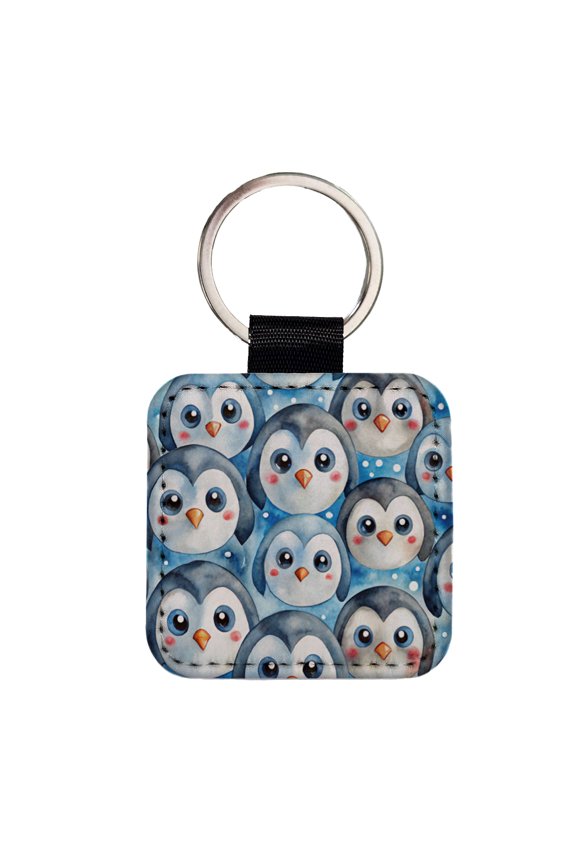 Cute Penguin Faces Watercolor Faux Leather Square Keychain