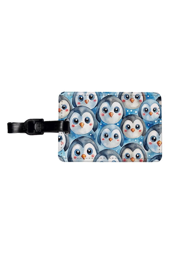 Cute Penguin Faces Watercolor Faux Leather Travel Luggage Tag