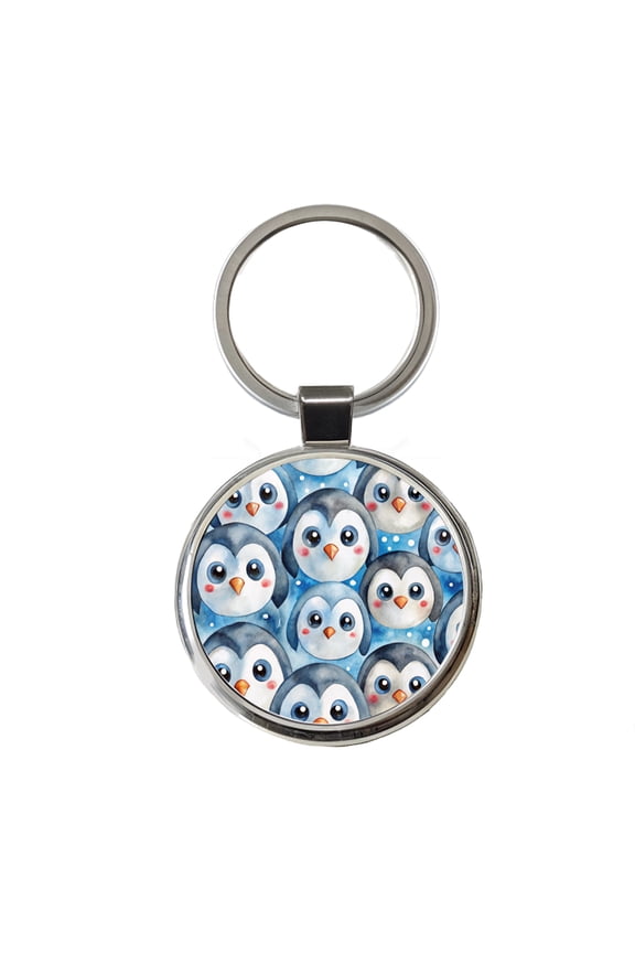 Cute Penguin Faces Watercolor Metal Round Keychain