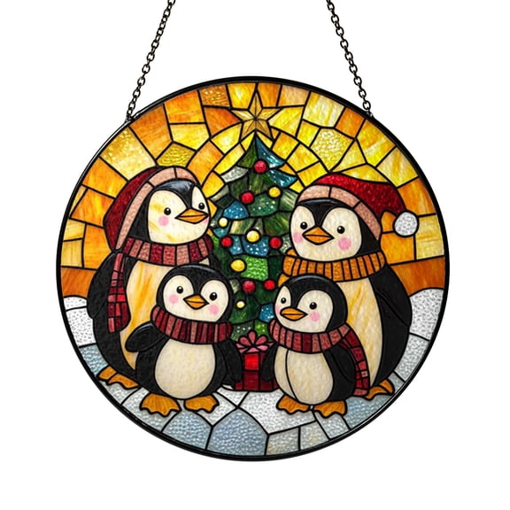 Cute Penguin Family Stained Glass Style Window Hanging Suncatcher, Decorative Penguin Glass Style Art Panel for Animal Lover Window Decor Ornament Gift Idea