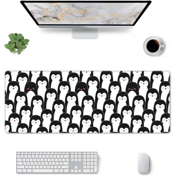 Cute Penguin Gaming Mouse Pad Penguins Large Mouse Pad (31.5x11.8 Inch) Non-Slip Rubber Base Large Desk Mat Desk Protector for Home Office Gaming Work