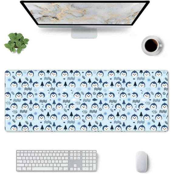 Cute Penguin Gaming Mouse Pad Penguins Large Mouse Pad (31.5x11.8 Inch) Non-Slip Rubber Base Large Desk Mat Desk Protector for Home Office Gaming Work