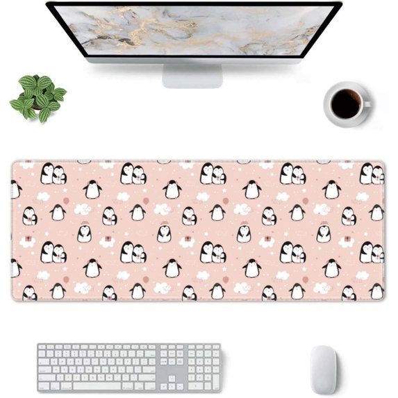 Cute Penguin Gaming Mouse Pad Penguins Large Mouse Pad (31.5x11.8 Inch) Non-Slip Rubber Base Large Desk Mat Desk Protector for Home Office Gaming Work