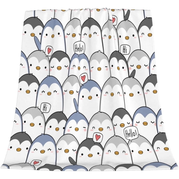 Cute Penguin Greeting Flannel Fleece Blanket Super Soft Cozy Plush Blankets Lightweight Microfiber Throw Blanket for Couch Sofa Bed