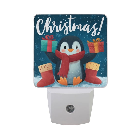 Cute Penguin Holding Christmas Gifts Snow LED Night Light Sensor Lamp Plug-in Adjustable Brightness 2 Pack
