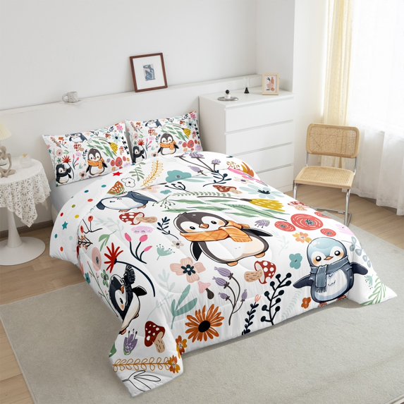 Cute Penguin King Bedding Comforter Sets,Mushroom Floral Quilt Cartoon Polar Animal Comforter Set,Watercolor Flowers Leaves Duvet Insert Kawaii Room Decor
