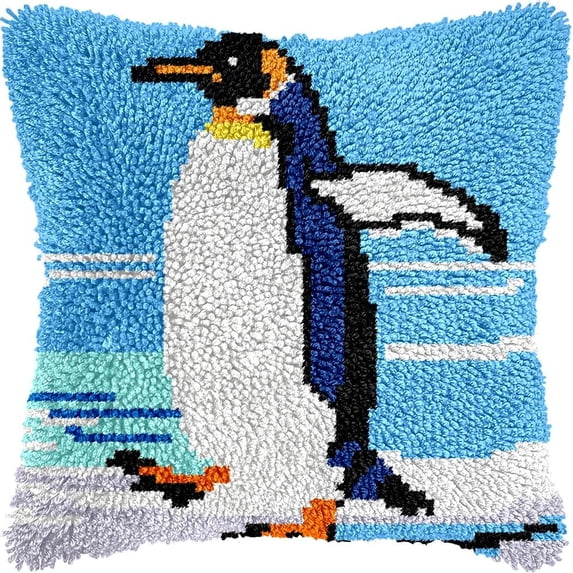 Cute Penguin Latch Hook Pillow Cover Kits for DIY Handmade Throw Pillow Cross Stitch Latch Hooking Pillowcase Kits with Preprinted Color Pattern Canvas Crochet Yarn Kits 17''X 17''(7-132)