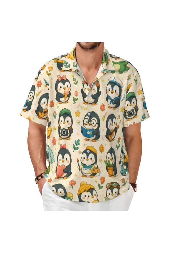Cute Penguin Men's Shirts Short-Sleeved with All-Over Prints Button-Up Shirts