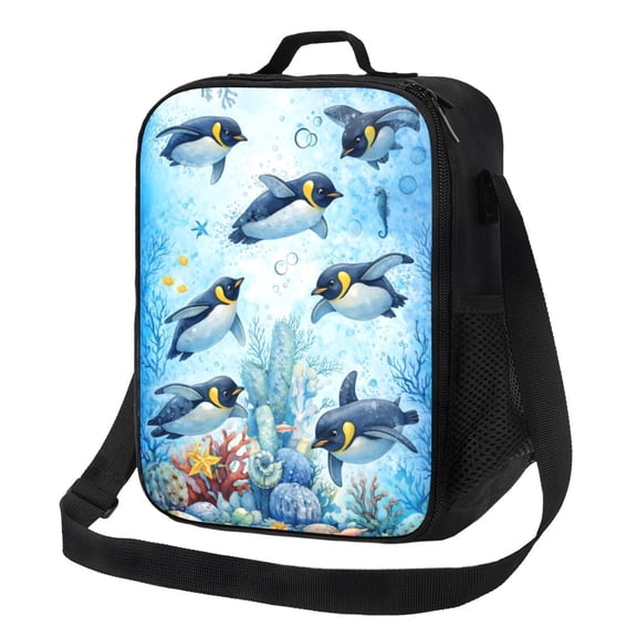 Cute Penguin Ocean Lunch Bag Insulated Thermal Box with Shoulder Strap & Handle for Work and Picnic