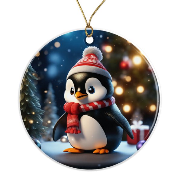 Cute Penguin Ornament - Christmas Tree Decoration - Winter Penguin with Scarf and Hat - Holiday Gift Ceramic Ornament - 3 Inch Christmas Tree Round Ornament - Xmas Holiday Decor ORNW0222