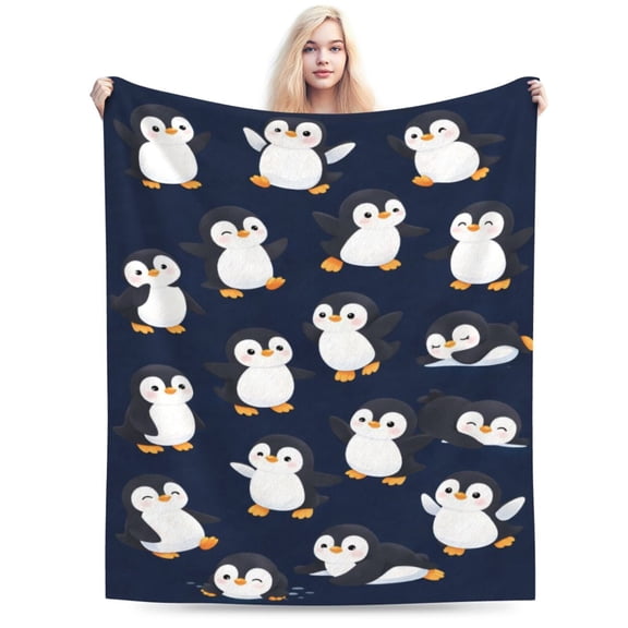 Cute Penguin Pattern Blanket, Arctic Animal Throw, Cozy Winter Fleece Blanket for Christmas Holiday Home Decor Gift 60x50