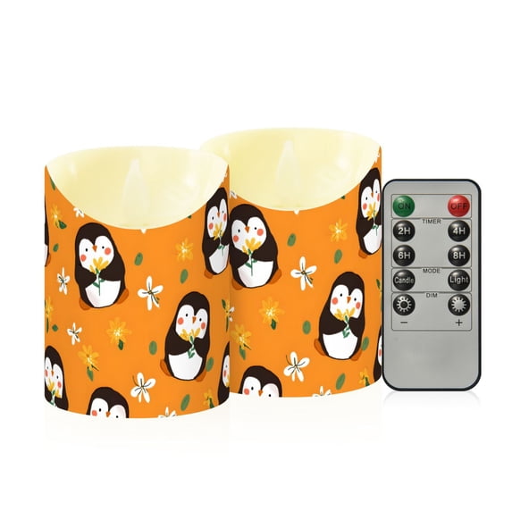 Cute Penguin Pattern Flameless Candles 2 PCS with Remote Realistic Moving Flame LED Tapered Pillar Set for Home Decor