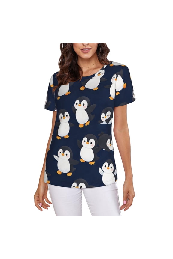 Cute Penguin Pattern T-Shirt Crew Neck Short Sleeve Full-Print for Women