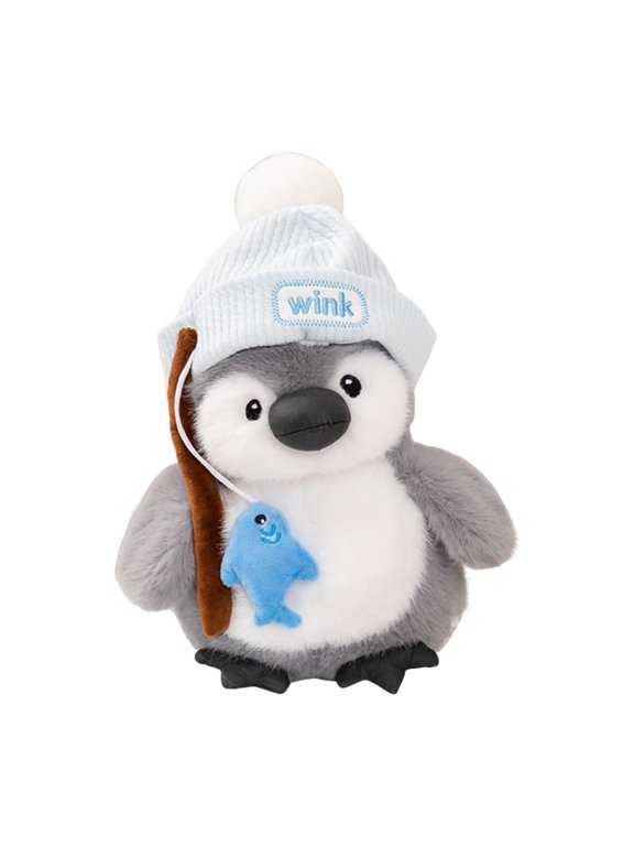 Cute Penguin Plush Toy With Round Body Furry Texture Knitted Hat Wink Print Ball On Head Holding Fishing Rod Hanging Little Fish, Soft Plush Fabric Elastic Pp Cotton