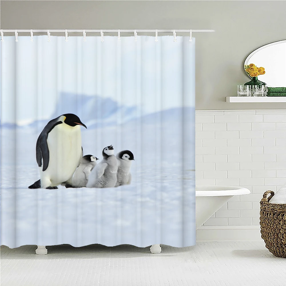Penguin Waffle Pattern Print Bathroom Shower Curtain