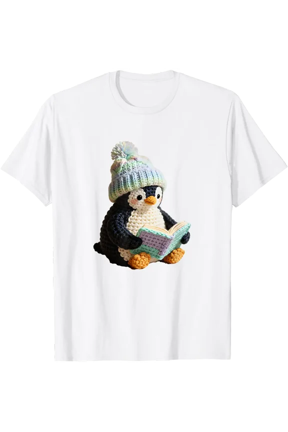 Cute Penguin Reading Book Faux-Crochet Print T-Shirt Vintage T-Shirt