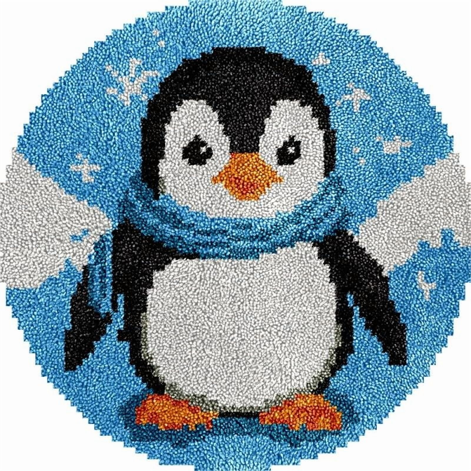Cute Penguin Round Shape Latch Hook Rug Kits Set for Starter Crochet Hook Cushion Mat Sofa Seat Cushion Crocheting Kits with Preprinted Canvas Crochet Yarn Kits 50X50cm (ui32)