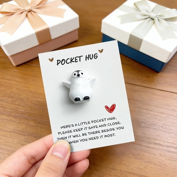 Cute Penguin & Seal Pocket Hug Greeting Card - 3D Resin Animal Encouragement Card with "POCKET HUG" Text for Birthday, Gift & Family Cheer (2 Styles)