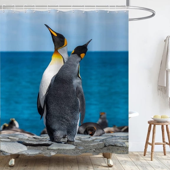 Cute Penguin Shower Curtain Funny Animals Beach Roaming for Bathroom Decor Polyester Fabric Waterproof Sets with 12 Hooks 72x72 Inch