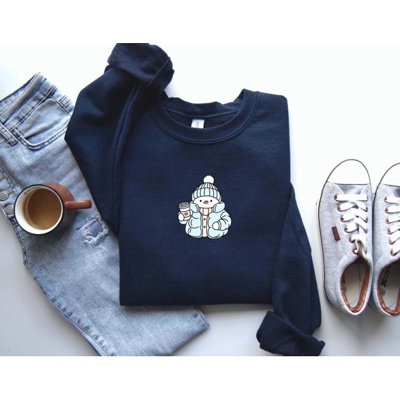 Cute Penguin Sweatshirt, Cozy Puffer Jacket Crewneck, Winter Coffee Lover Pullover, Warm Snow Penguin Sweater, Women Sand Tshirt All Size S-5XL