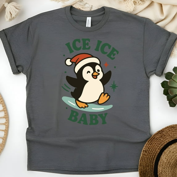 Cute Penguin T-Shirt with Santa Hat and Ice Skating Graphic, Dark Heather, Size M