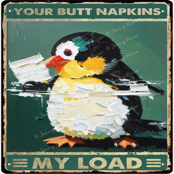 Cute Penguin with Toilet Paper Funny Bathroom Decor, Your Butt Napkins My Lord Retro Tin Sign, Restroom Vintage Metal Sign for Home Bar Office Man Cave Garage Hotel Sign 12x12 Inches