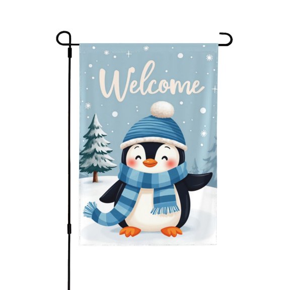 Cute Penguin Welcome Garden Flag 12x18 Inch Double Sided – Winter Snow Scene Christmas Outdoor Yard Decoration For Porch, Lawn & Patio