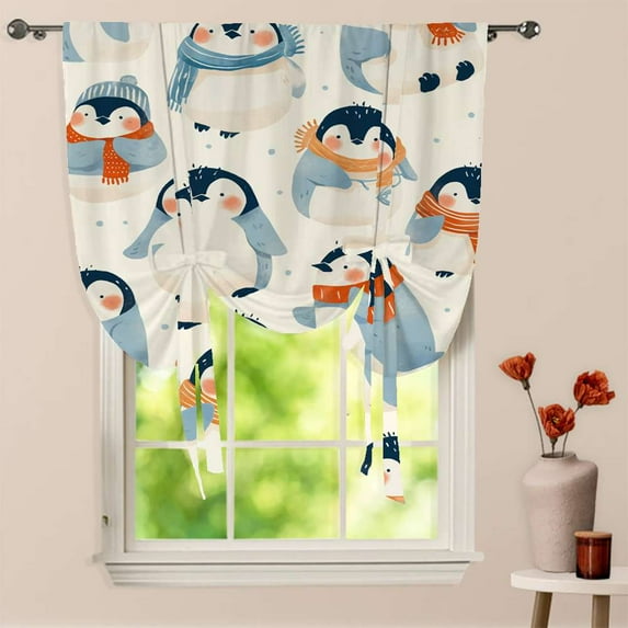 Cute Penguin Window Curtain for Living Room Roman Curtain Kitchen Tie-up Curtains Adjustable Drapes