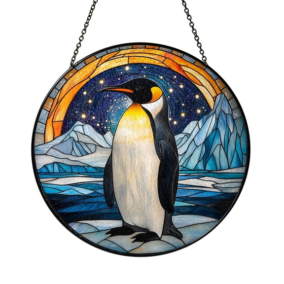 Cute Penguin Winter Scene Stained Glass Suncatcher Window Decor, Snow Landscape Glass Art Hanging Panel for Window Decoration Gift