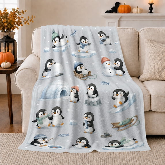 Cute Penguin Winter Snow Scene Playful Illustration, Festive Holiday Scene, Warm Flannel Blanket for Home Library and Reading Nook, Art Lovers Christmas Gift, Playful Home Decor