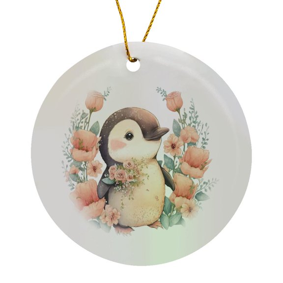 3drose, Cute Penguin with Pretty Peach Color Flowers Illustration, Circle Porcelain Ornament