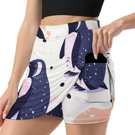Cute Penguin Women's High Short Skirt, High Waisted Mini Skirt with One Side Pocket