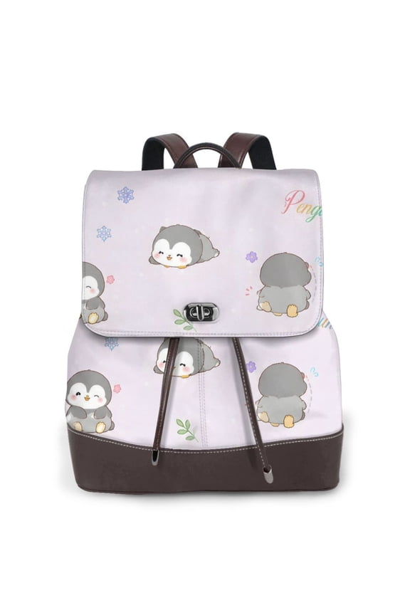 Cute Penguin Women's Leather Backpack All-Over Print Bag for Work and Travel