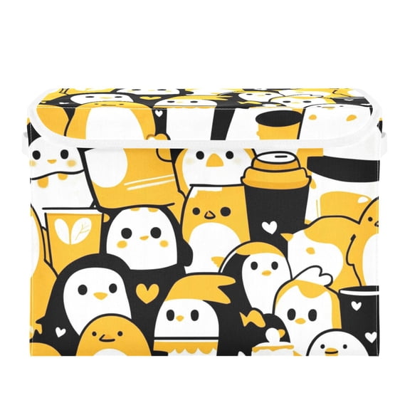 Cute Penguin in Yellow Large Storage Bins with Linen Collapsible Lid Storage Box 16.7 x 12.6 x 11.8in