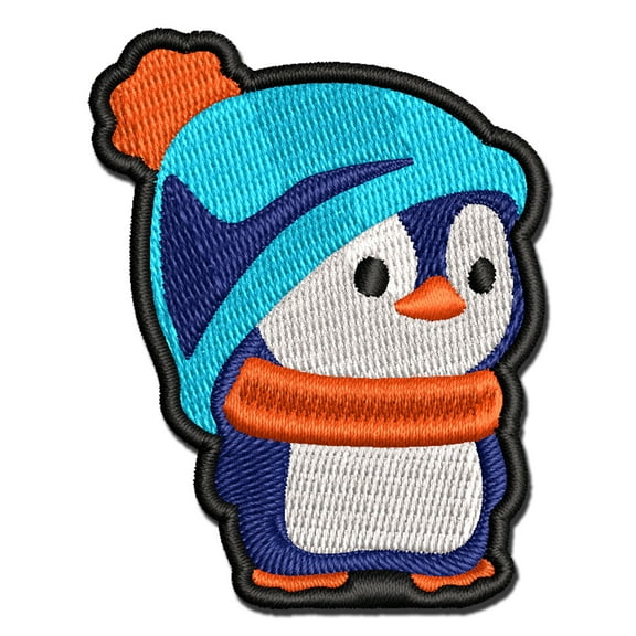Cute Penguin with Big Hat Beanie Applique Multi-Color Embroidered Iron-On Patch - 3 Inch Medium