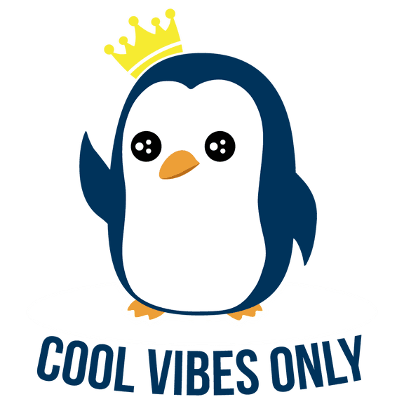 Cute Penguin with Crown Art for Nursery Vinyl Wall Decal - Cool Vibes Only Quotation with a Cartoon Animal Wall Decoration - 20" x 21"