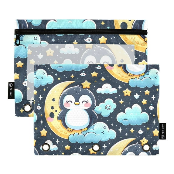 Cute Penguin with Moon and Star 2 Pack Pencil Pouch for 3 Ring Binder Smooth Zipper Folders with Pockets Clear Window Pencil Case