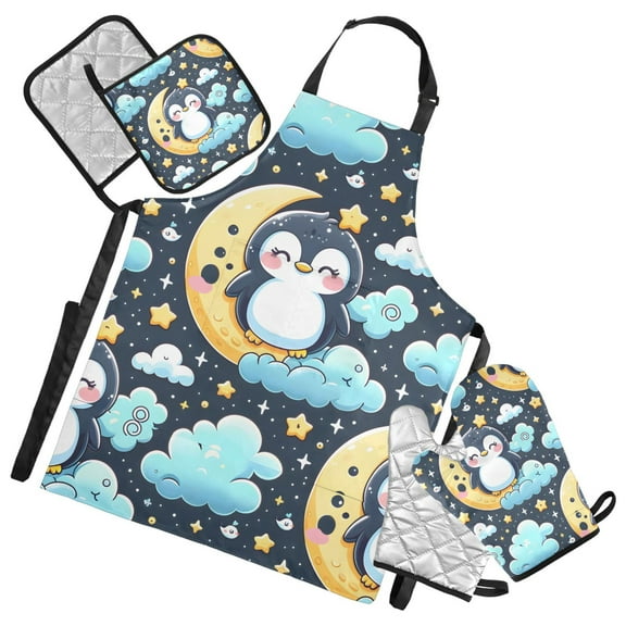 Cute Penguin with Moon and Star 5 Pcs Kitchen Set Heat Resistant Oven Mitts and Non-Slip Pot Holders with Adjustable Cooking Apron