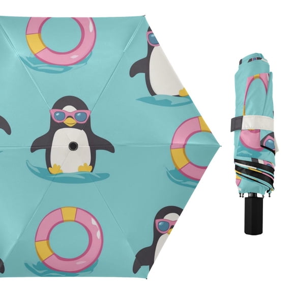 Cute Penguin with Sunglasses Swim Circles All Weather Umbrella Triple Folding Parasol 6 Ribs UV Protection Portable