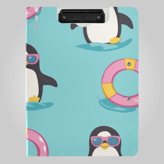 Cute Penguin with Sunglasses Swim Circles Foldable Binder Folder Clipboard with Pen Slot Double Clips A4 Size File Storage