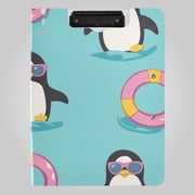 Cute Penguin with Sunglasses Swim Circles Foldable Binder Folder Clipboard with Pen Slot Double Clips A4 Size File Storage