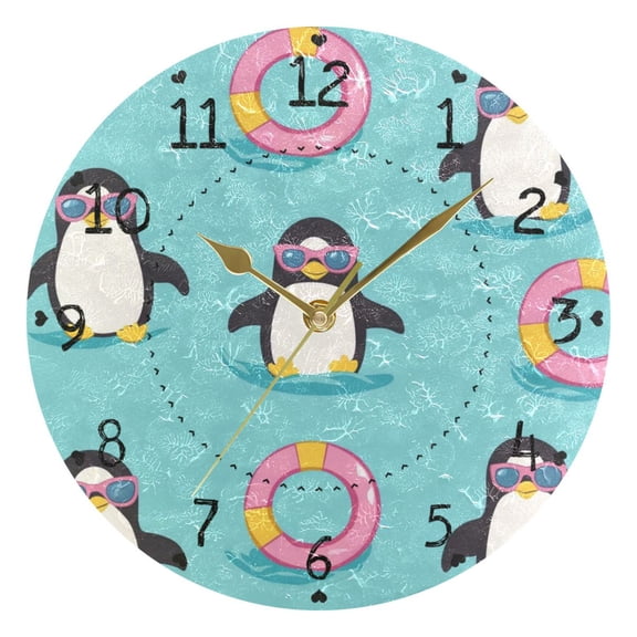 Cute Penguin with Sunglasses Swim Circles Round Wall Clock Silent Analog Battery Operated Gold Pointer Home Decor 9.84" Diameter
