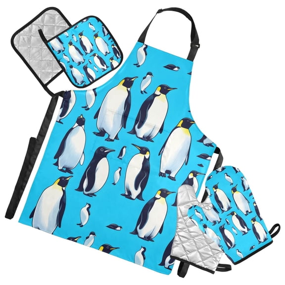 Cute Penguins 5 Pcs Kitchen Set Heat Resistant Oven Mitts and Non-Slip Pot Holders with Adjustable Cooking Apron